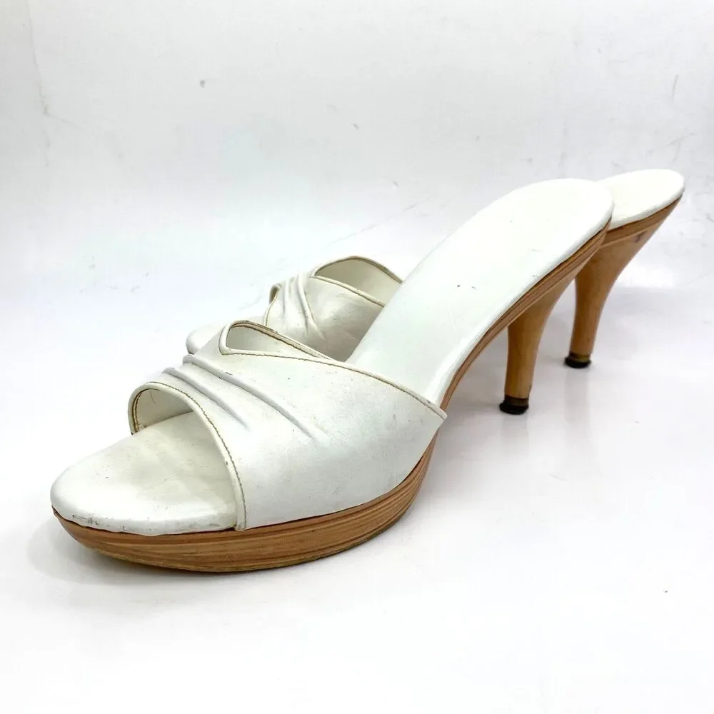Vintage Made In Japan White Slip-On Heel Shoes 8.5 Open Toe Wood Lounge Resort